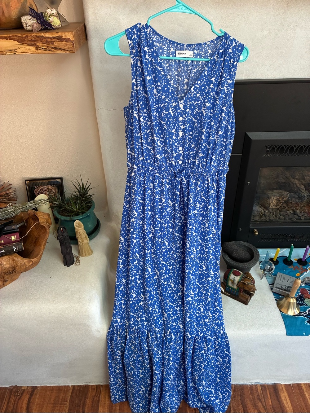 Sonoma Blue and White Floral Sleeveless Maxi Dress
